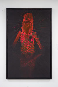 Painting of a Christ-like figure in red, painted on black background