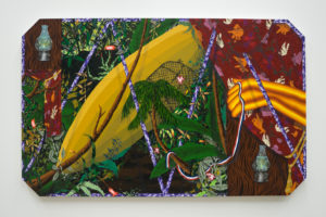 This painting depicts a scene in the jungle. A yellow hand pulls back a curtain to reveal the jungle overtaking a yellow boat.